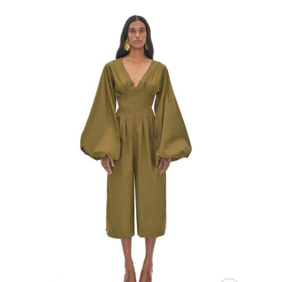 Andrea Iyamah Nia Culotte Jumpsuit 100% Cotton Olive Green Boho Size Small NWT - Picture 2 of 6